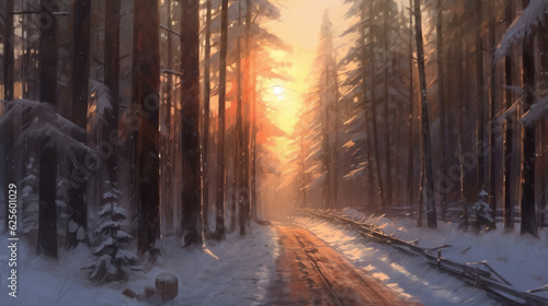 Road in forest winter digital painting by AI