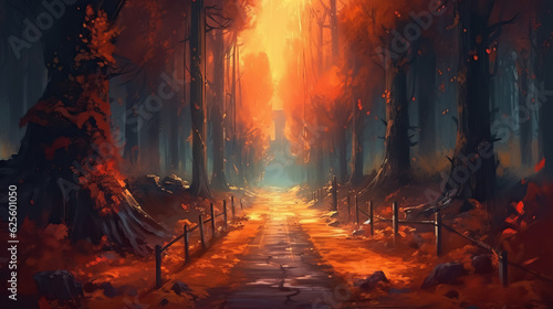 Road in forest. Sunset and golden hour digital painting by AI