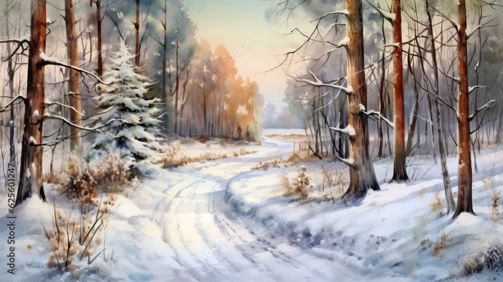 Fototapeta premium Road in forest in winter watercolor style by AI