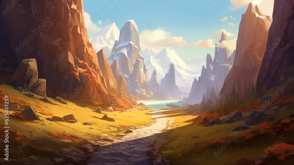 Road in mountains in daytime digital painting by AI