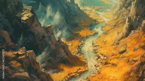 Aerial view of road in moutains digital painting by AI