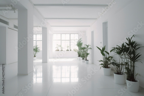 generative ai illustration of modern white empty room with green plant © epiximages