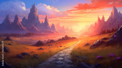Road in mountains evening sunset digital painting by AI © Daniil
