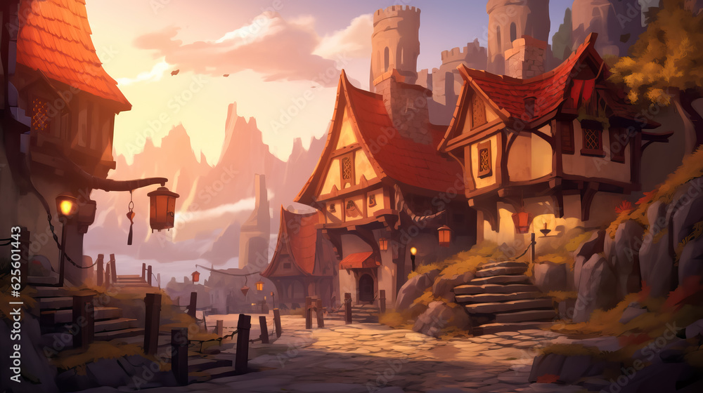 Medieval Village Digital painting by AI