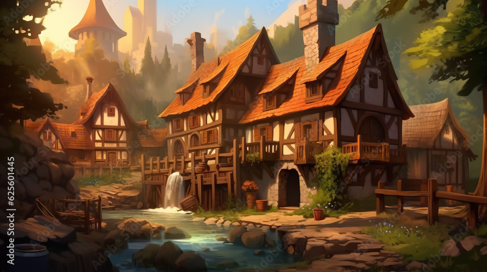 Medieval Village Digital painting by AI