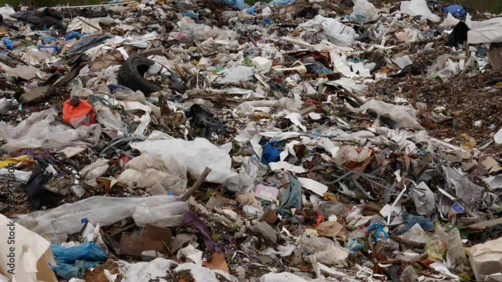 The frame shows an abundance of plastic and car tires. Landfill growth is fast. The frame shows an abundance of plastic and car tires. Landfill growth is fast.