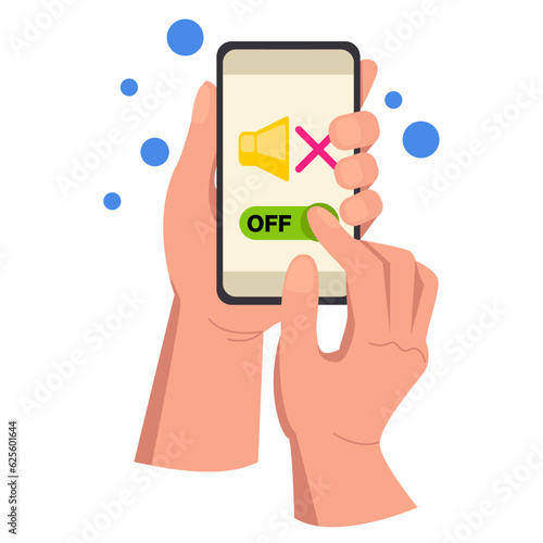 Illustration of two hands holding a phone turn off the sound on the phone. Vector graphic.