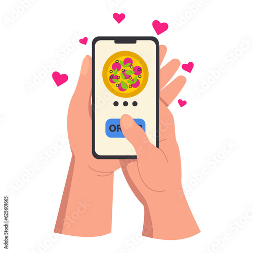 Illustration of two hands holding a phone ordering a pizza delivery. Vector graphic.