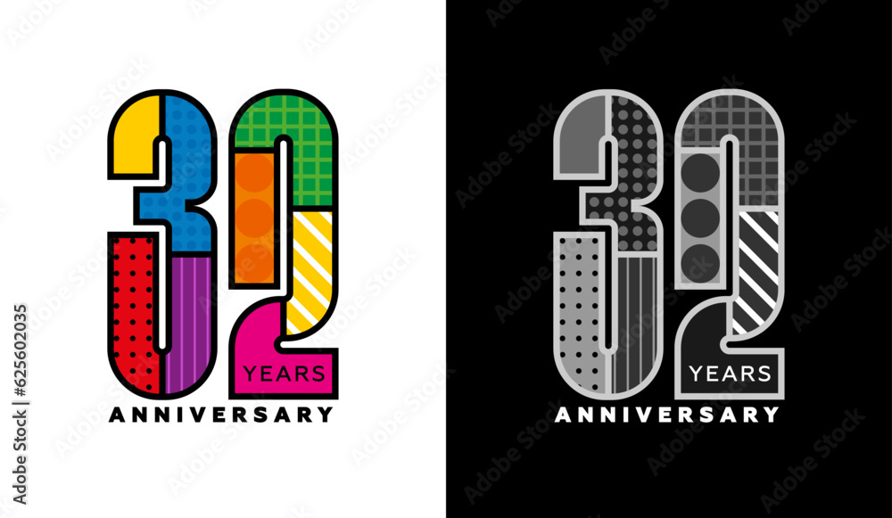 32th anniversary logo set, thirty-second anniversary, colorful logo for celebration event, invitation, congratulations, web template, flyer and booklet, retro symbol