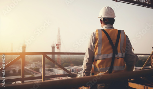 backside of Engineer Technician Watching Team of Workers on High Steel Platform,  © banthita166