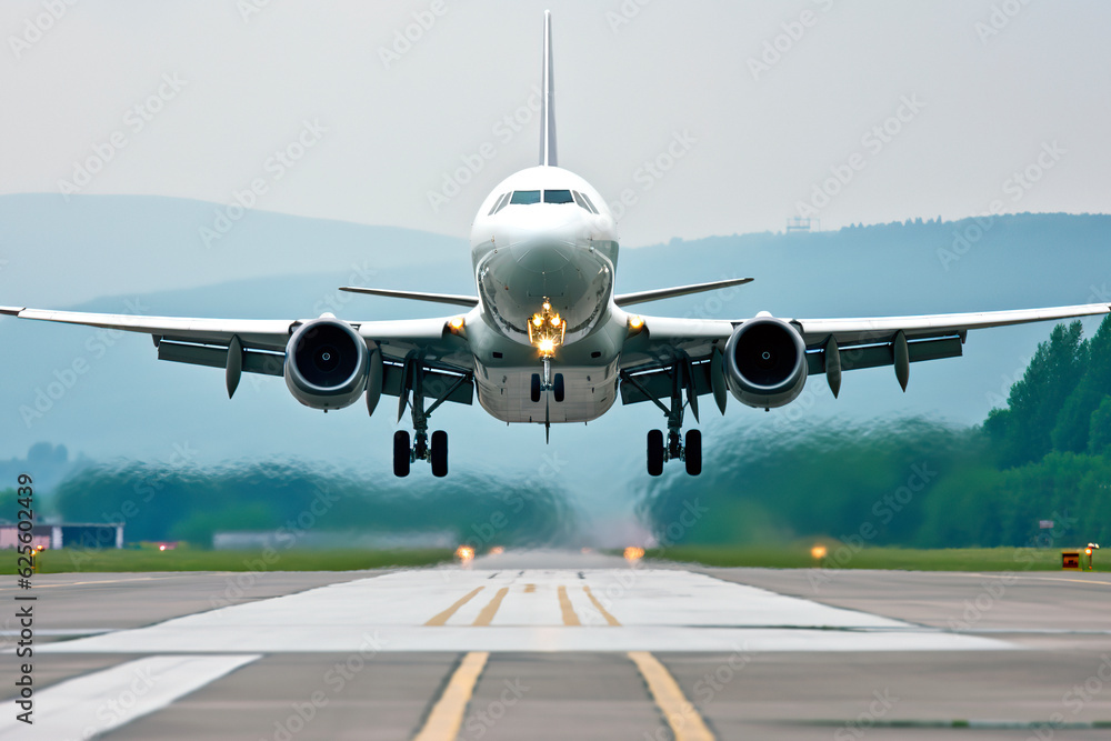 Modern airplane landing at the airport - obrazy, fototapety, plakaty 