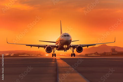 airplane in the sunset on the airport runway © Jezper