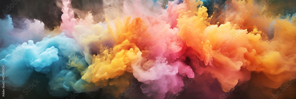 Bubbly pink and orange  blue and purple multicolored smoke puff cloud design elements on a dark background generative ai.