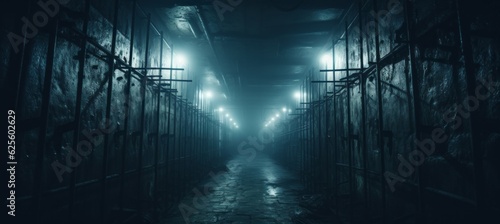 Dark creepy prison tunnel melancholic dark background. Generative AI technology.