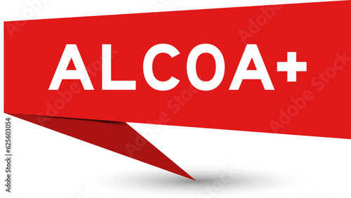 Red color speech banner with word ALCOA (Abbreviation of Attributable, Legible, Contemporaneous, Original and Accurate) plus on white background