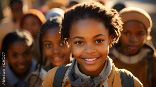 school children Smiling child looking at camera with friends in the background, girl African children Generative AI