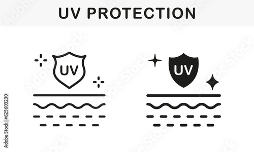 Sun Shield for Protection Skin of UV Rays Line and Silhouette Black Icon Set. Skin Care and SPF Cream. Block Solar Light and Ultraviolet Radiation Symbol Collection. Isolated Vector Illustration