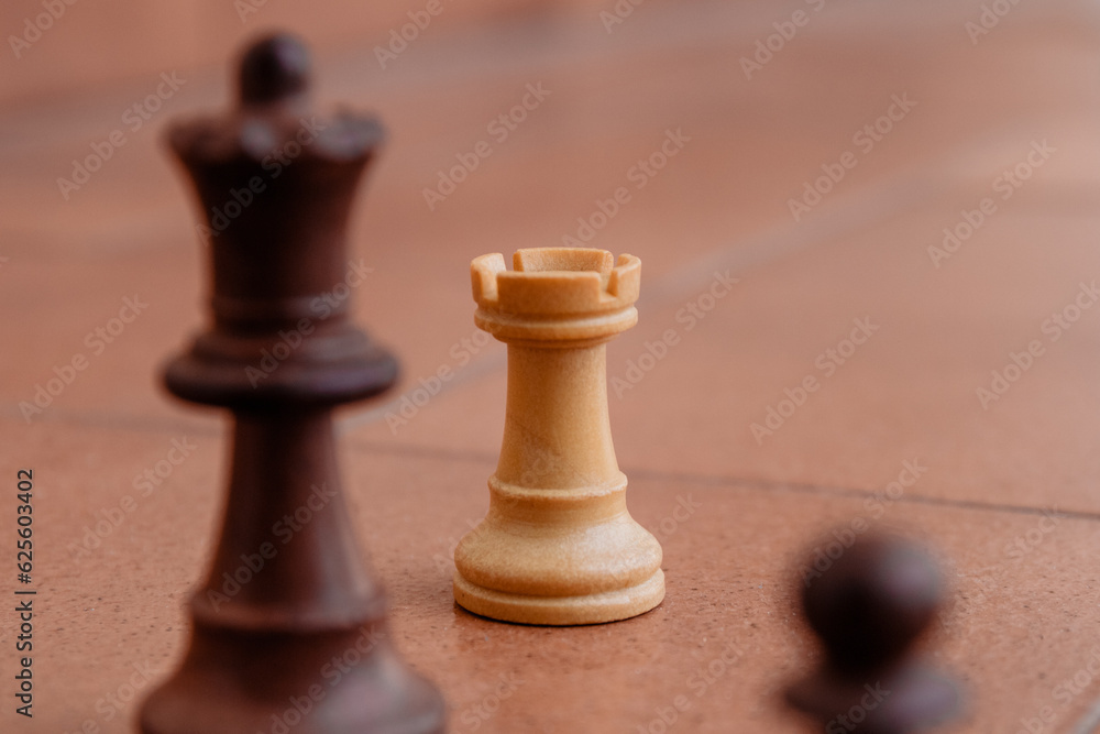 chess pieces outside, close up photos and detailed. isolated focus. white rook, king, pawn chess pieces outside, close up photos and detailed. isolated focus. white rook, king, pawn