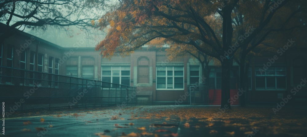 Historic university building melancholic autumn background. Generative AI technology.