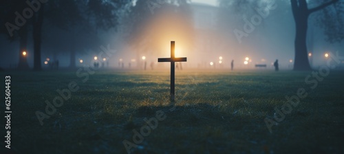 Cross on the graveyard grass melancholic foggy background. Generative AI technology.