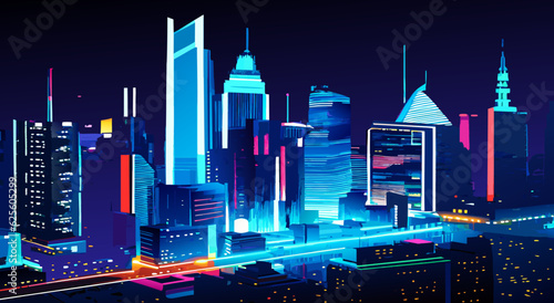 Futuristic night city. Cityscape on a dark background with bright and glowing neon lights. illustration
