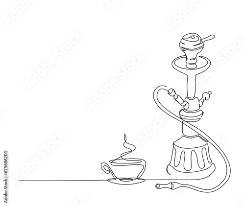 Continuous one line drawing of hookah and a cup coffee, tobacco smoking equiptment. simple sheesha outline vector illustration.