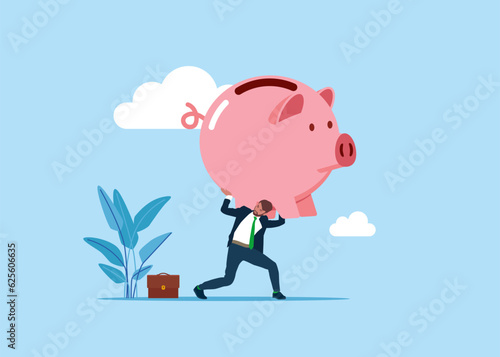 Businessman carrying huge with piggy bank savings. Vector illustration