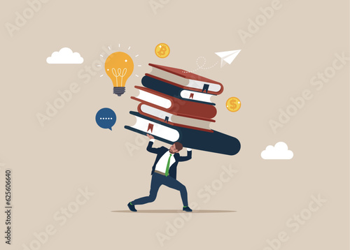 Businessman carrying huge with pile of books. Online education. Concept illustration of online courses, distance studying, self education, digital library. Vector illustration