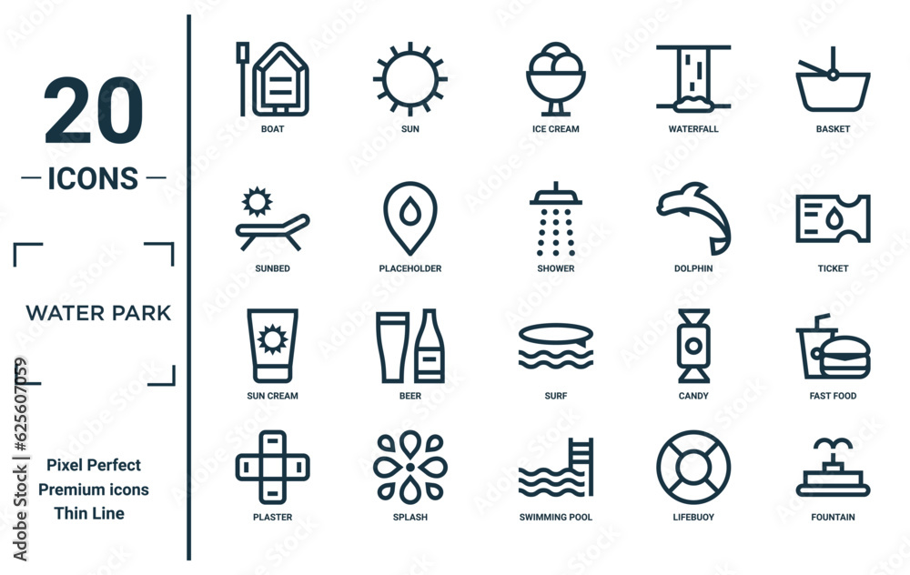 water park linear icon set. includes thin line boat, sunbed, sun cream ...
