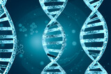 DNA. Illustration of the molecular structure of DNA strands of human cell biology. Blue DNA structure isolated background. 3D illustration. Helix spiral of DNA molecule. Genetic cells concept.