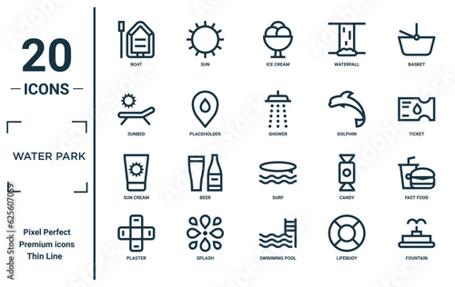 water park linear icon set. includes thin line boat, sunbed, sun cream, plaster, fountain, shower, fast food icons for report, presentation, diagram, web design