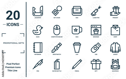 promotional gifts linear icon set. includes thin line jackknife, duck, notebook, pen, backpack, mug, jacket icons for report, presentation, diagram, web design