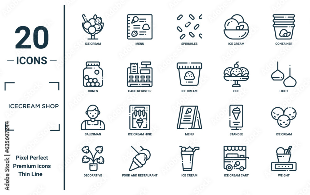 icecream shop linear icon set. includes thin line ice cream, cones ...