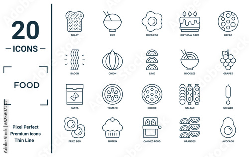 food linear icon set. includes thin line toast, bacon, pasta, fried egg, avocado, lime, skewer icons for report, presentation, diagram, web design