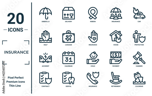 insurance linear icon set. includes thin line umbrella, help, accident, contract, calendar, insurance, hammer icons for report, presentation, diagram, web design
