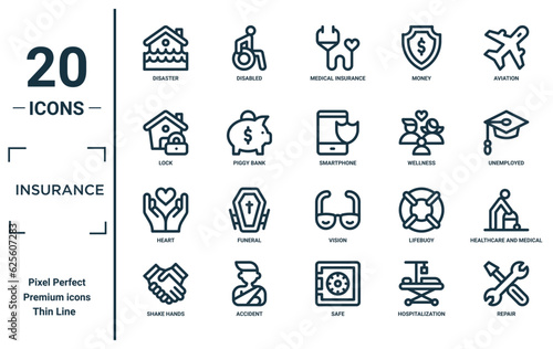 insurance linear icon set. includes thin line disaster, lock, heart, shake hands, repair, smartphone, healthcare and medical icons for report, presentation, diagram, web design
