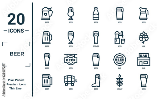 beer linear icon set. includes thin line beer, beer, opener, pub icons for report, presentation, diagram, web design