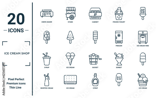 ice cream shop linear icon set. includes thin line crepe maker, , syrup, whipped cream, ice cream, icons for report, presentation, diagram, web