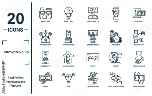crowdfunding linear icon set. includes thin line ar glasses, crowdfunding, kickstarter, money, crowdfunding, icons for report, presentation, diagram, web design