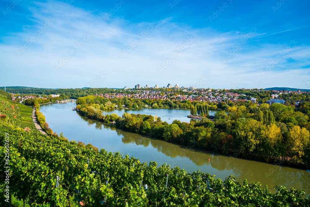 Germany, Stuttgart aerial panorama view max eyth see lake water neckar river boats beautiful houses autumn nature landscape at hofen, moenchsfeld