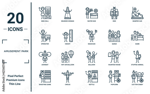 amusement park linear icon set. includes thin line skee ball, operator, acrobat, shooting game, cotton candy, magician, stuffed animal icons for report, presentation, diagram, web design