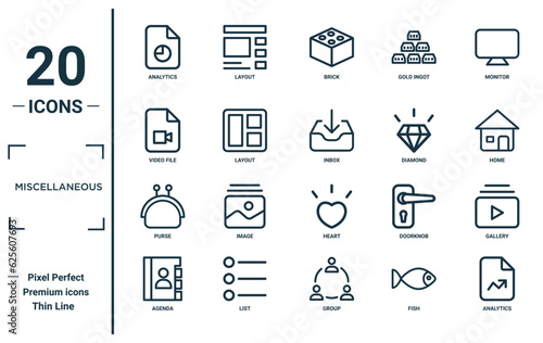 miscellaneous linear icon set. includes thin line analytics, video file, purse, agenda, analytics, inbox, gallery icons for report, presentation, diagram, web design