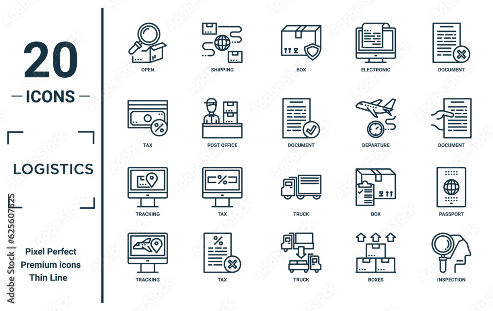 logistics linear icon set. includes thin line open, tax, tracking, tracking, inspection, document, passport icons for report, presentation, diagram, web design logistics linear icon set. includes thin line open, tax, tracking, tracking, inspection, document, passport icons for report, presentation, diagram, web design