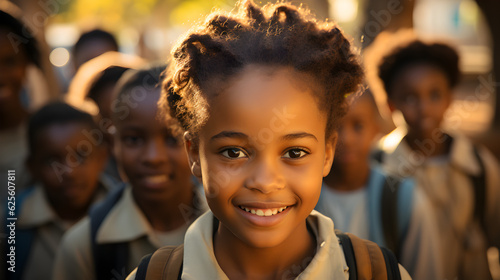 school children Smiling child looking at camera with friends in the background, girl African children Generative AI