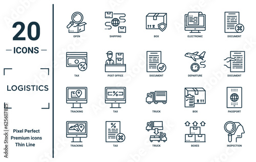 logistics linear icon set. includes thin line open, tax, tracking, tracking, inspection, document, passport icons for report, presentation, diagram, web design