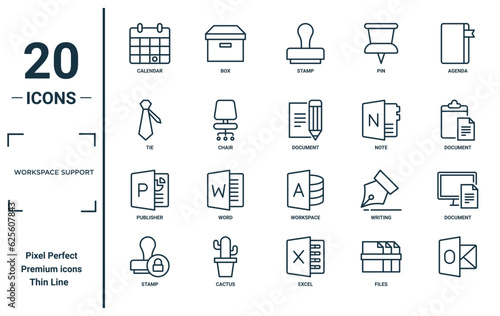 workspace support linear icon set. includes thin line calendar, tie, publisher, stamp, , document, document icons for report, presentation, diagram, web design