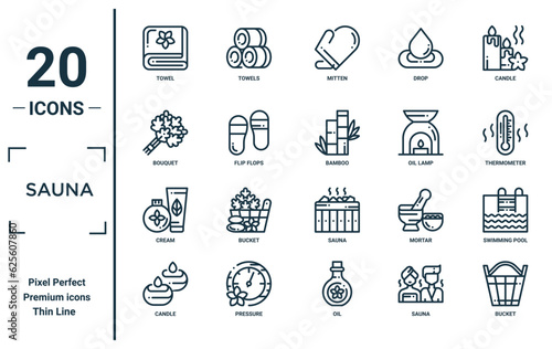 sauna linear icon set. includes thin line towel, bouquet, cream, candle, bucket, bamboo, swimming pool icons for report, presentation, diagram, web design