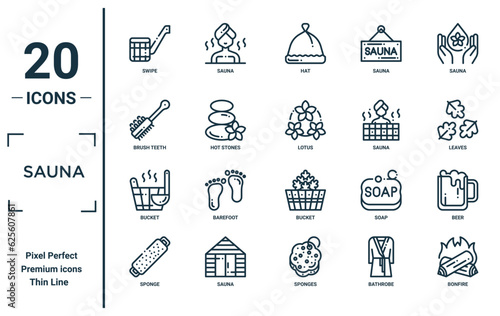 sauna linear icon set. includes thin line swipe, brush teeth, bucket, sponge, bonfire, lotus, beer icons for report, presentation, diagram, web design