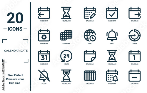 calendar date linear icon set. includes thin line calendar, calendar, silent, time, icons for report, presentation, diagram, web design