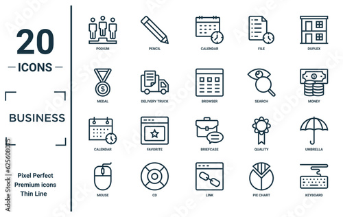 business linear icon set. includes thin line podium, medal, calendar, mouse, keyboard, browser, umbrella icons for report, presentation, diagram, web design